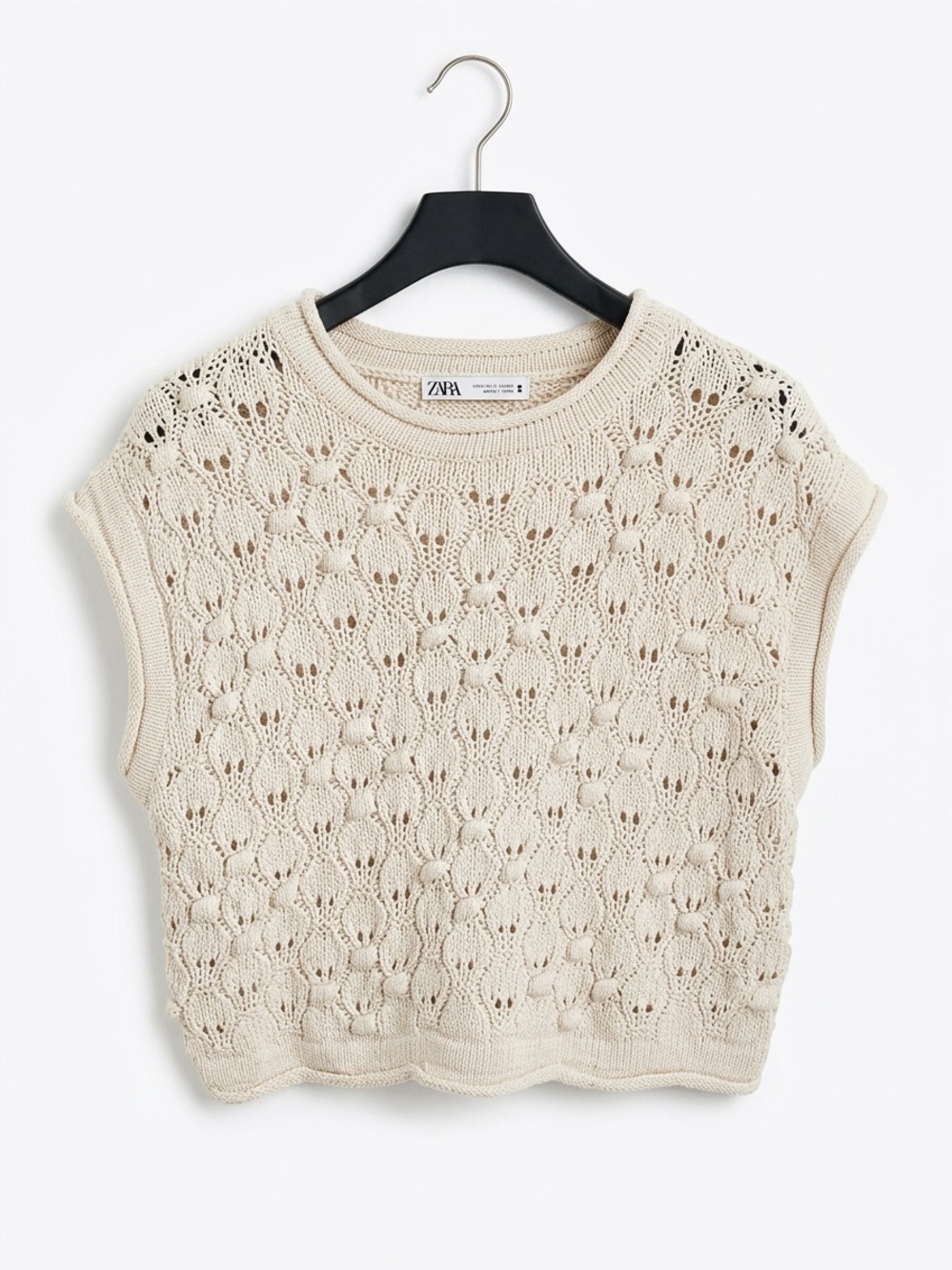 Zara Cream Beige Openwork Crochet Bobble Knit Sweater Vest M